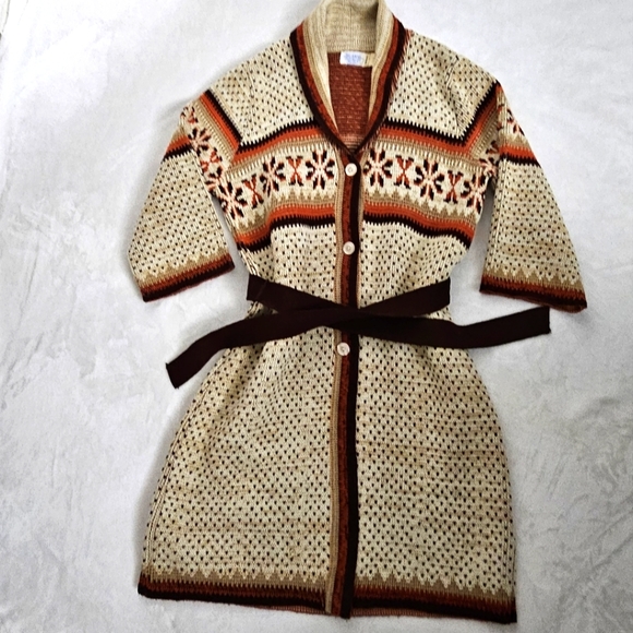 Vintage Boho 60's 70's Fall Color Aztec Button Front Belted Cozy Long Sweater - Picture 13 of 14